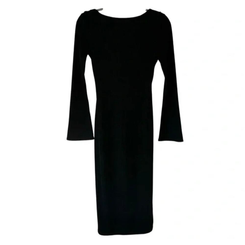 ☀️Line & Dot Black Ribbed Knit Midi Dress Bell Sleeves Boat Neck Size L